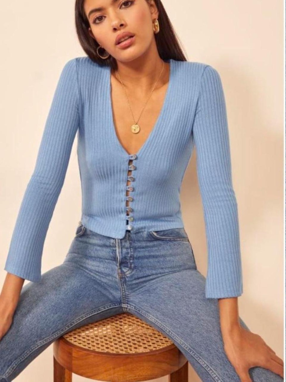 Reformation Light Blue Ribbed Long Sleeve Button Top